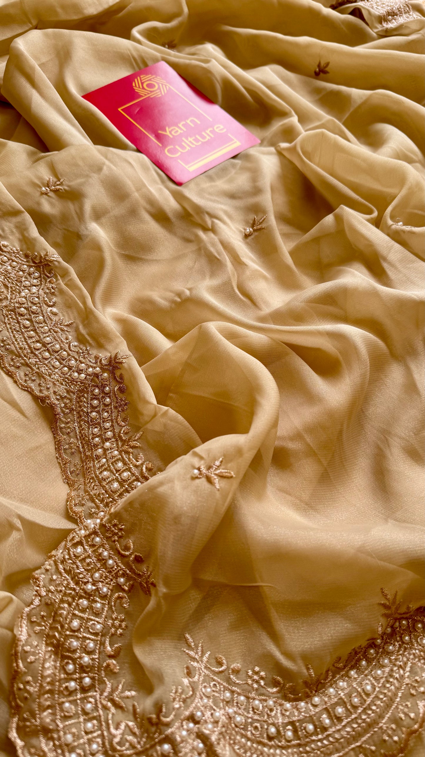 Gold soft chiffon saree, with pearl embellished border - YCIEON85