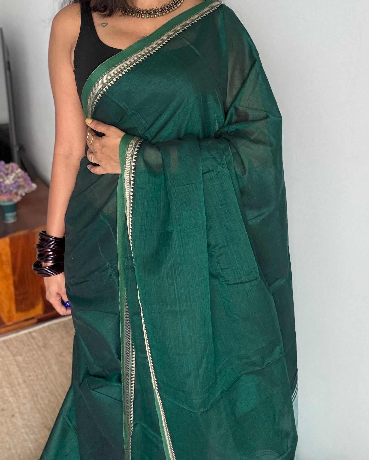 Dark green with light green border narayanpet saree, soft cotton - YCWOTDNPFE37