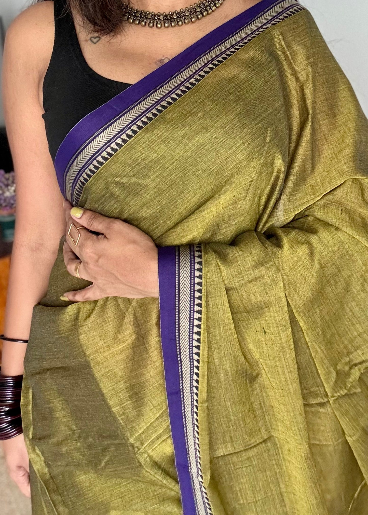 Lime green with purple border narayanpet saree, soft cotton - YCWOTDNPFE34