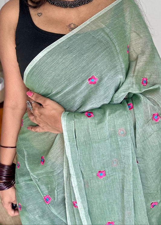 Mint green with dark pink floral embroidered mul cotton saree  - YCBCMCAP46