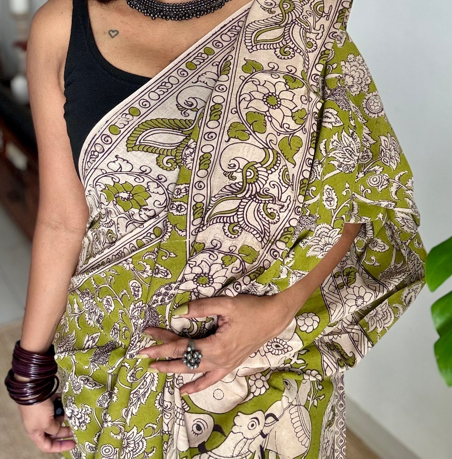 Light green kalamkari saree, floral vines, soft cotton - YCWOTDMA345
