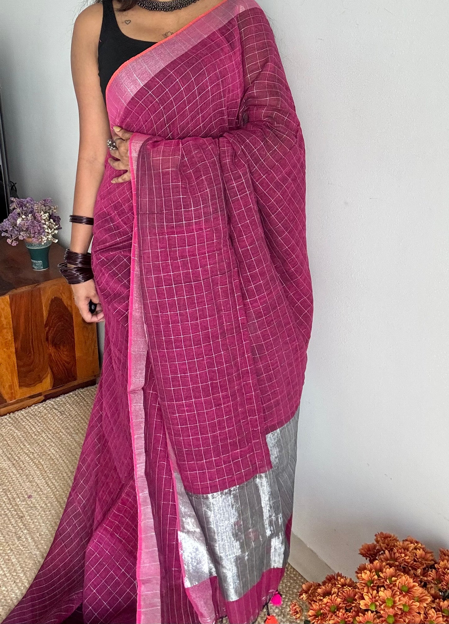 Ruby linen by cotton saree, silver checks & zari pallu - YCBCLCFE387