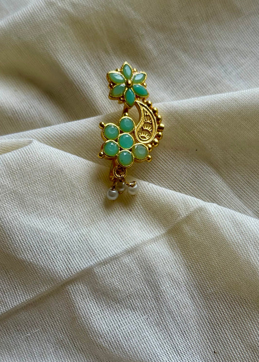 Gold plated, mint green coloured stone, clip on Maharashtrian nath - YCGPNC207