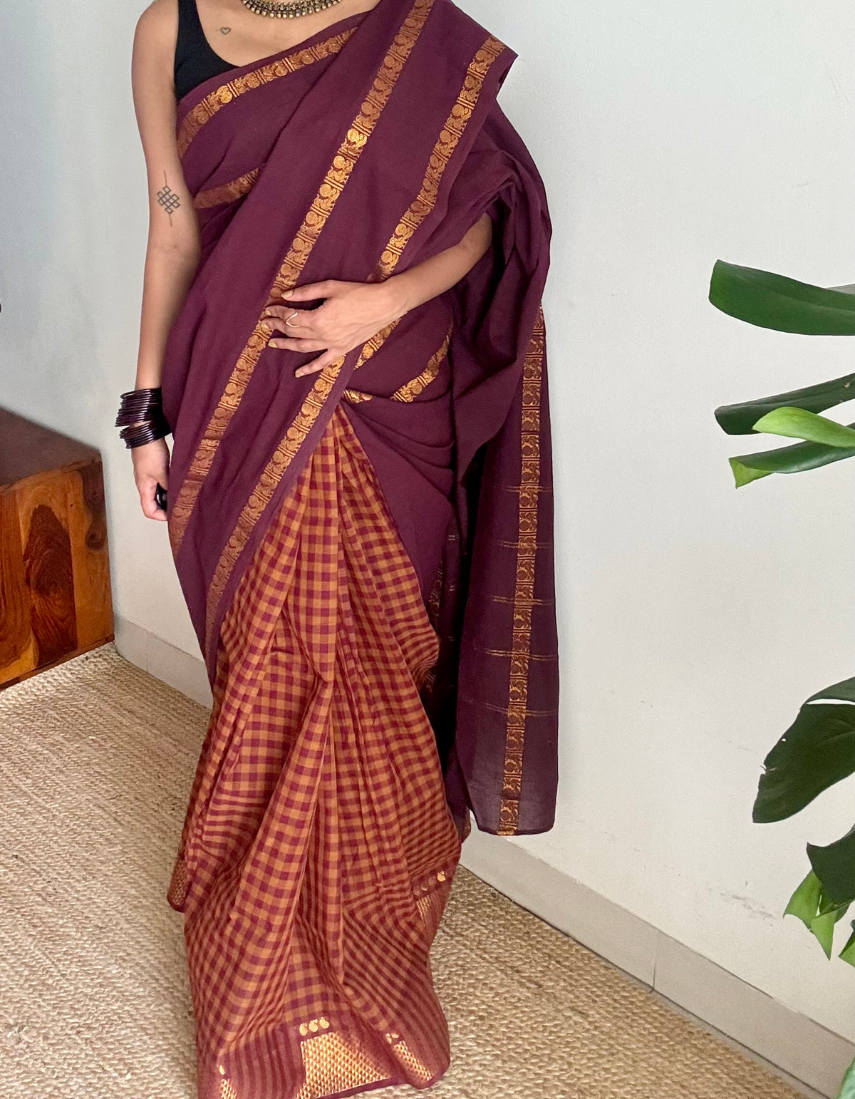 Maroon and rust orange with maroon, sungudi and chettinad cotton half-half saree - YCCOTNIDOC40