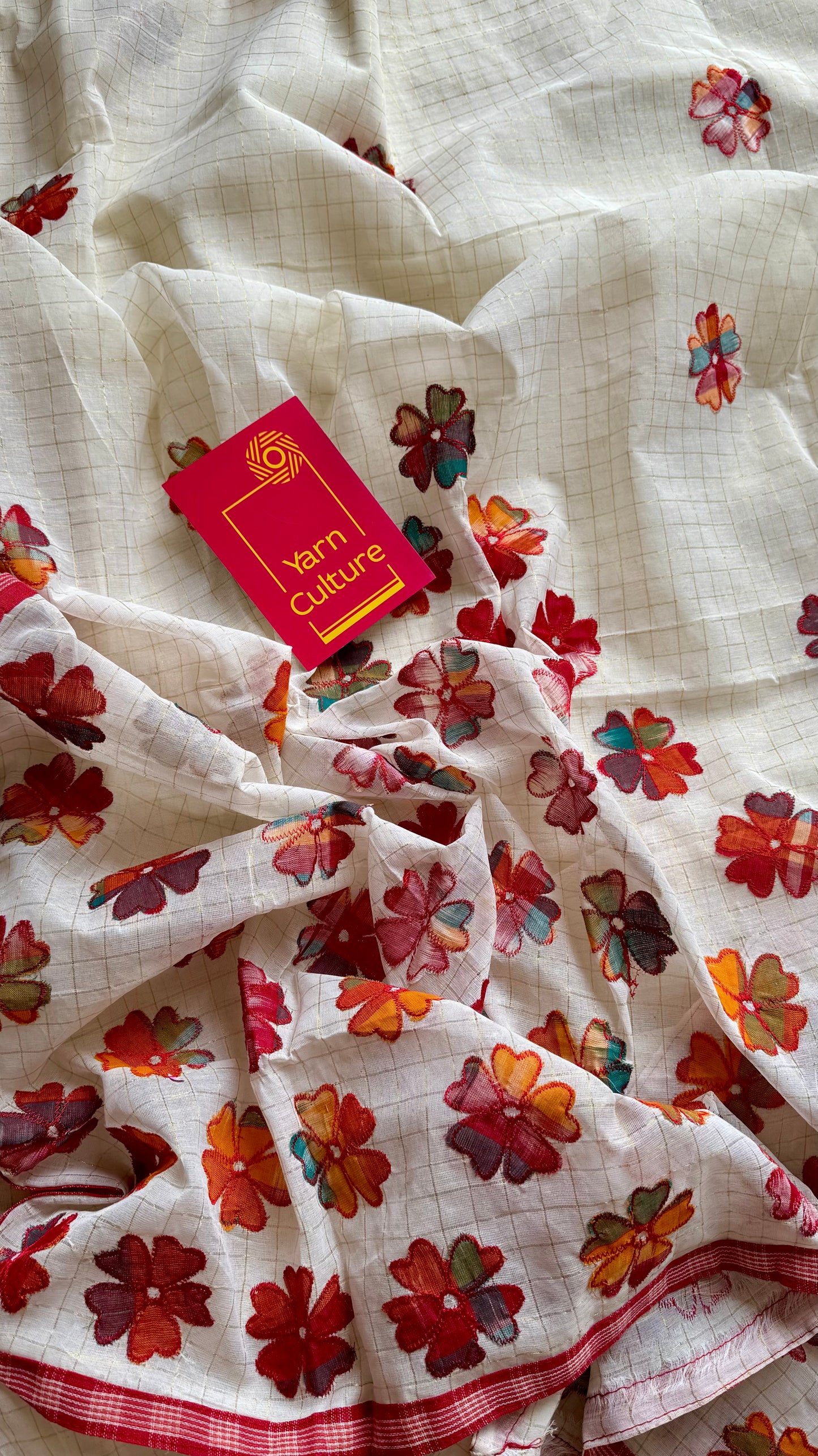 Ivory soft kota saree, with applique floral work - YCIEON88