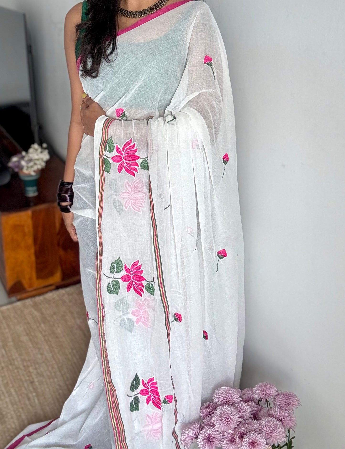 White mul with pink lotus embroidery and coloured zari - YCBCMCNO63