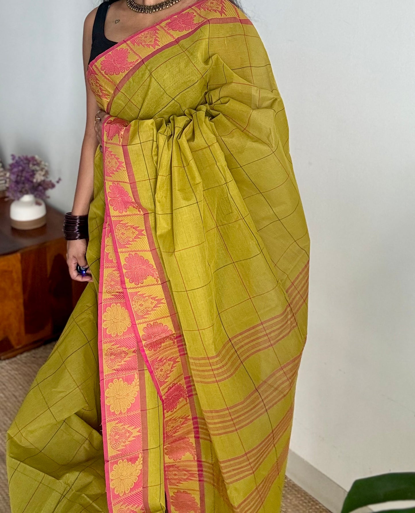 Chettinad cotton saree with lime green and pink checks, thread motif border - YCCOTNJUCC04