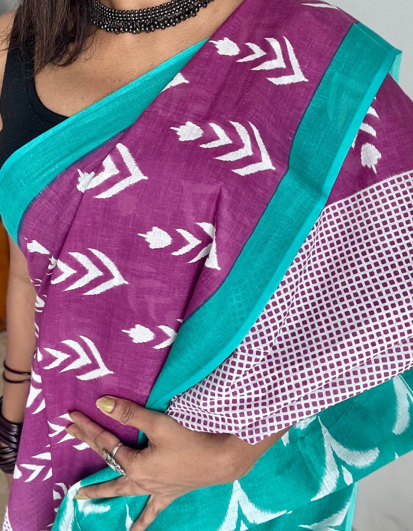 Magenta with turquoise green and white motifs, soft cotton saree - YCTORCMA06