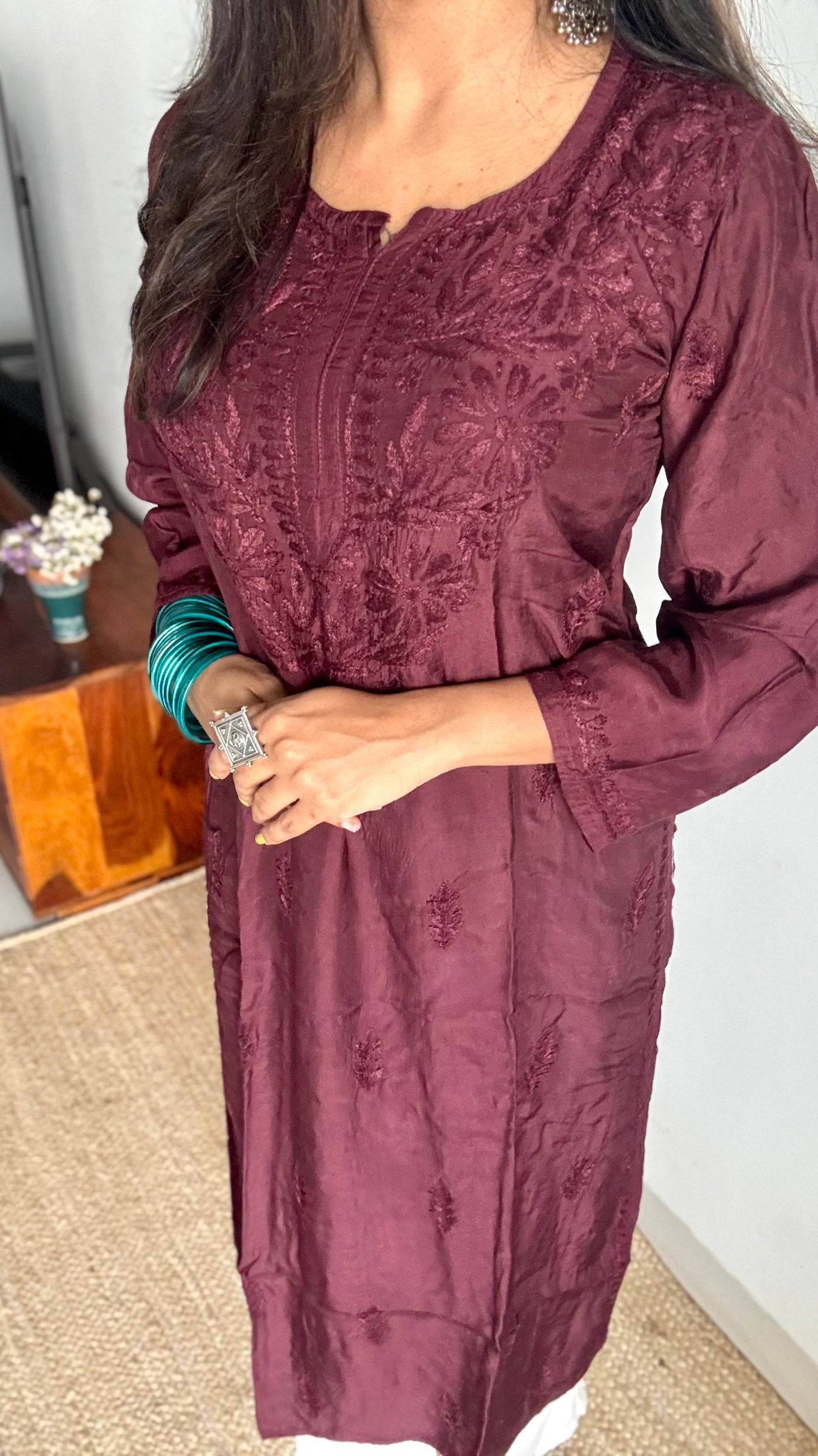 Wine muslin chikankari with ghas patti work, stitched kurta, round neck, three fourth sleeves - YCSECK41