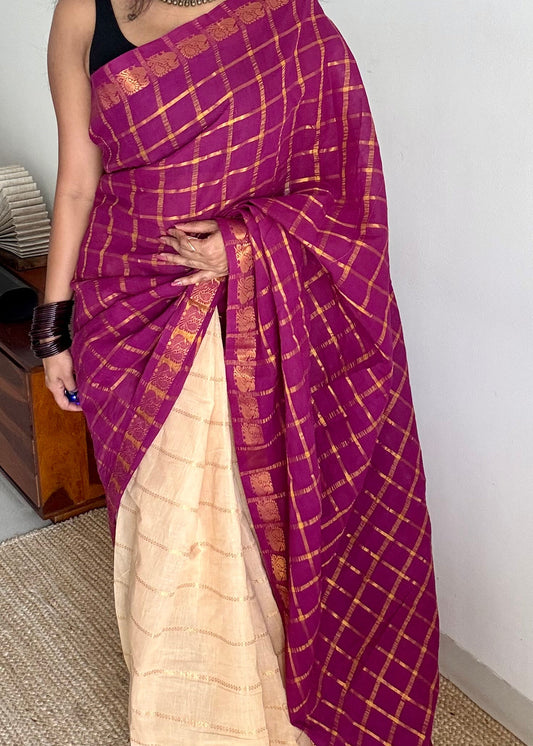 Vadamalli with cream, sungudi cotton half-half saree - YCCOTNIDMA285