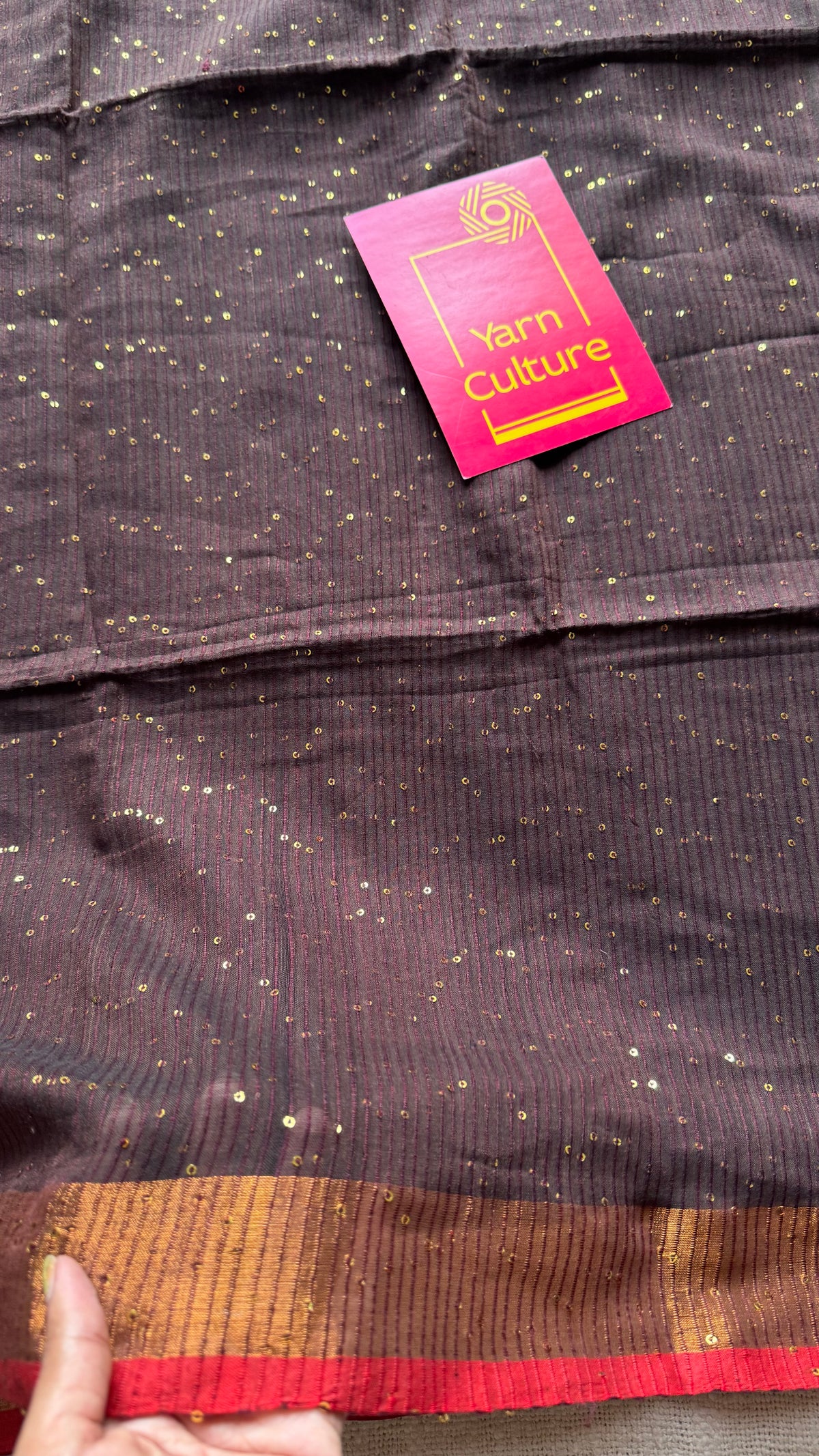 Brown mul cotton saree with sequins and zari border - YCBCMCSE33
