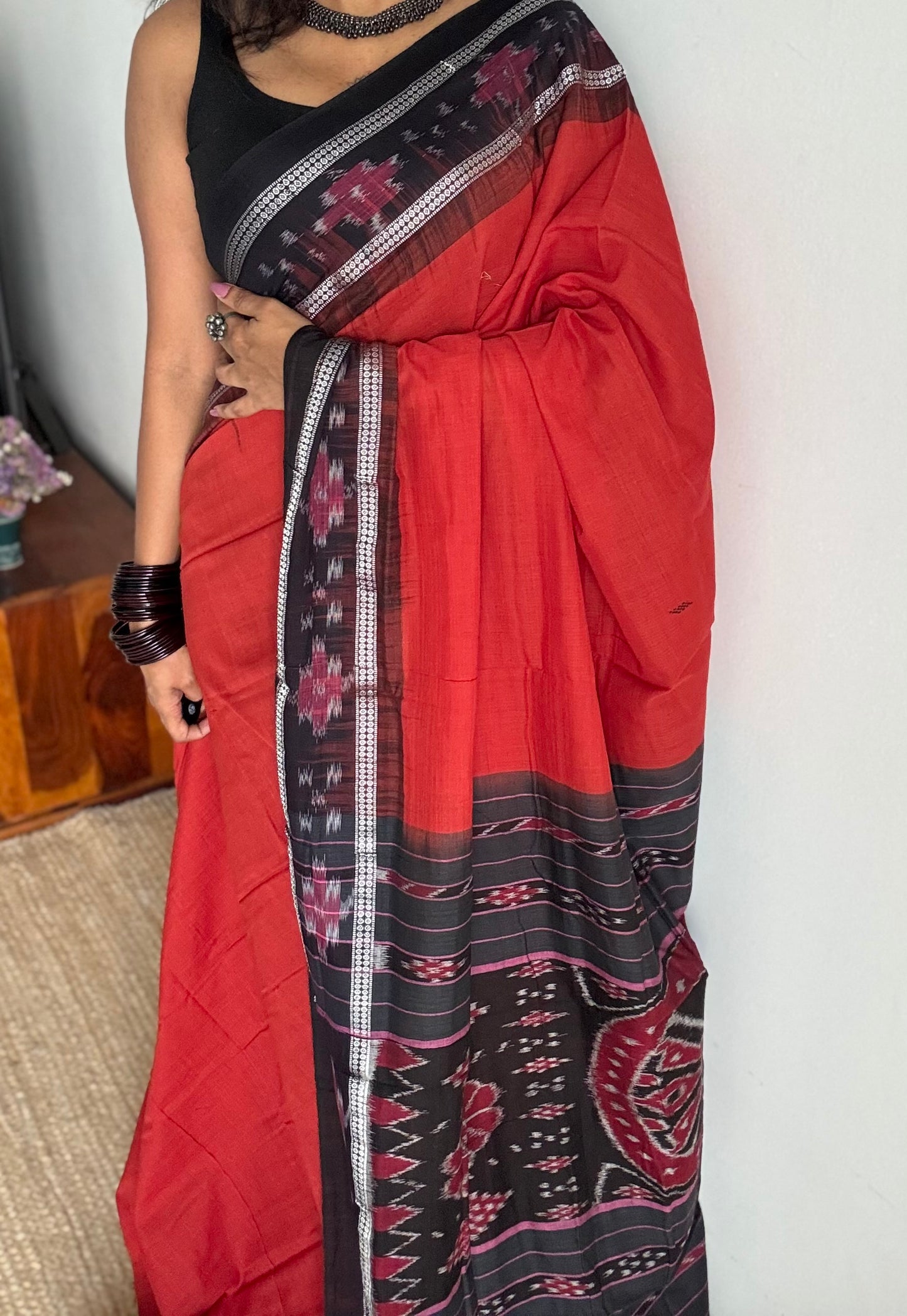 Palasha - brick red Sambalpuri handloom cotton - YCHOTESJA204