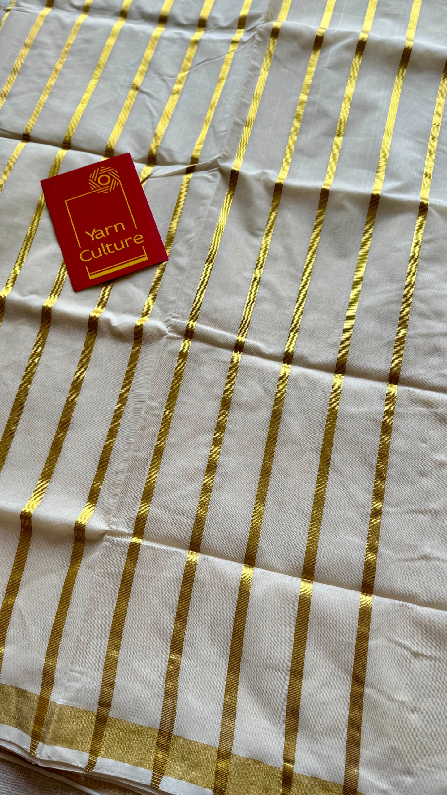 Handloom, woven in Chendamangalam Looms, ivory with gold striped pallu - YCIEON147