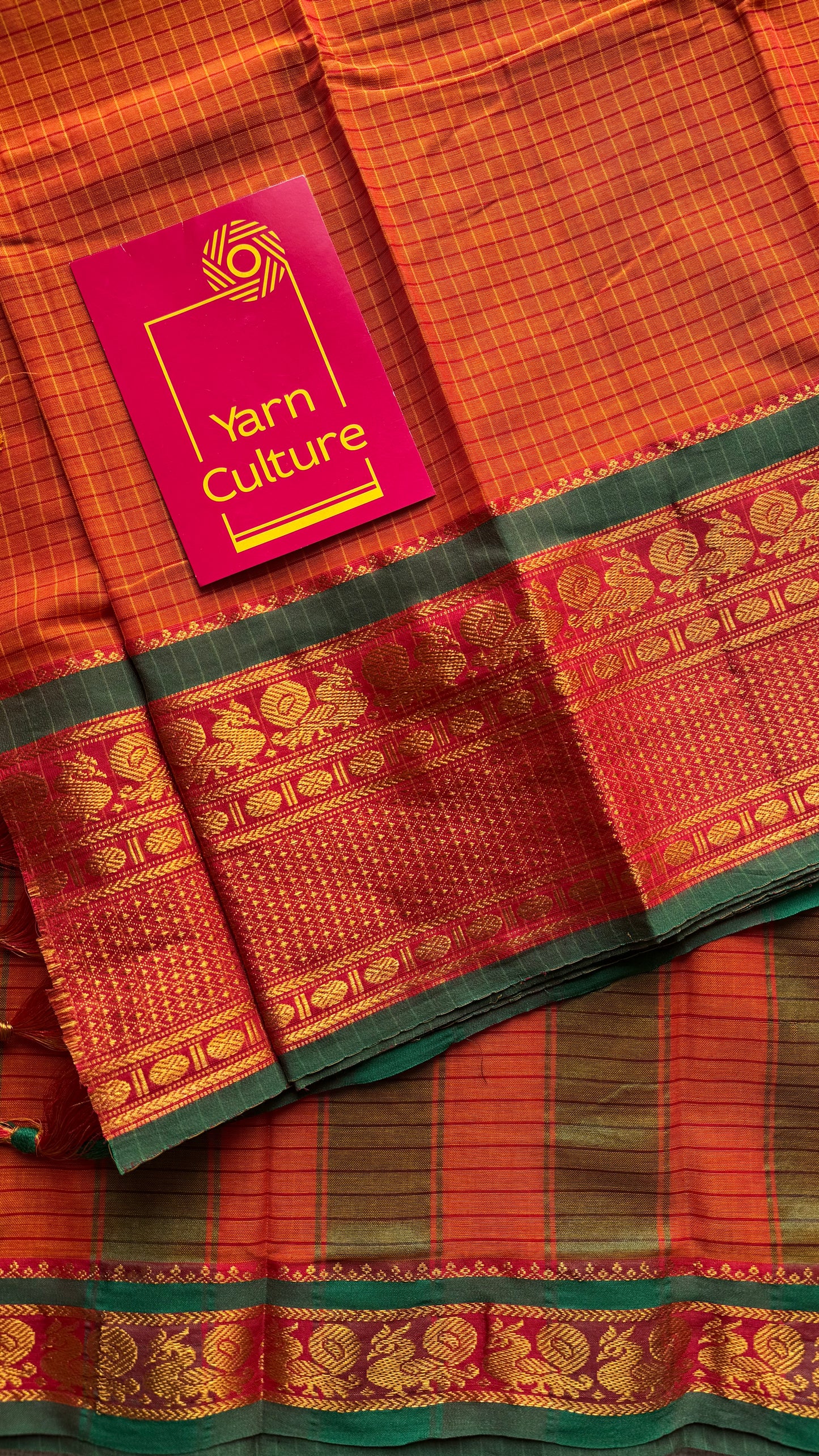 Orange checks with green zari border, premium narayanpet, soft cotton - YCWOTDNPCFE22