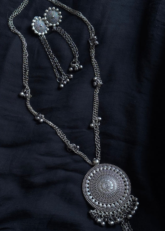 Long neckpiece with round pendant, ghungroo, oxidised silver - YCOSNP482