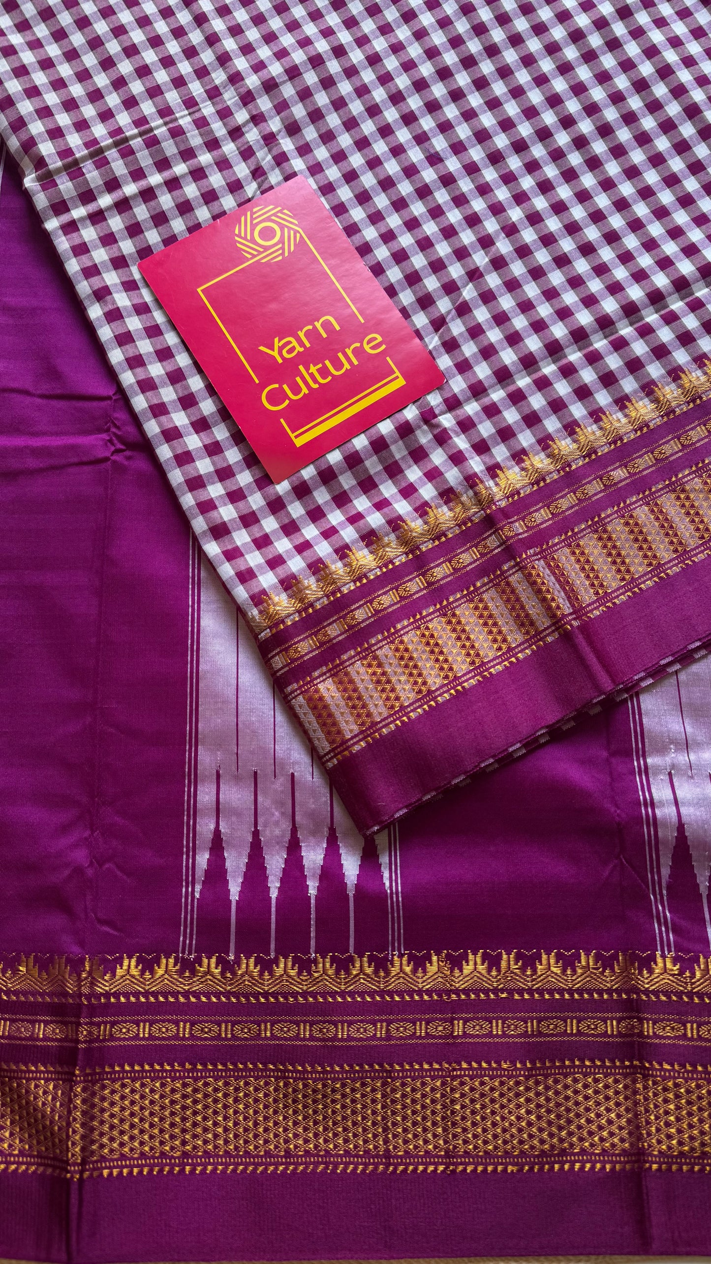 llkal purple pink and white checks with chikki paras border, soft cotton with art silk blend - YCLOKICAP226
