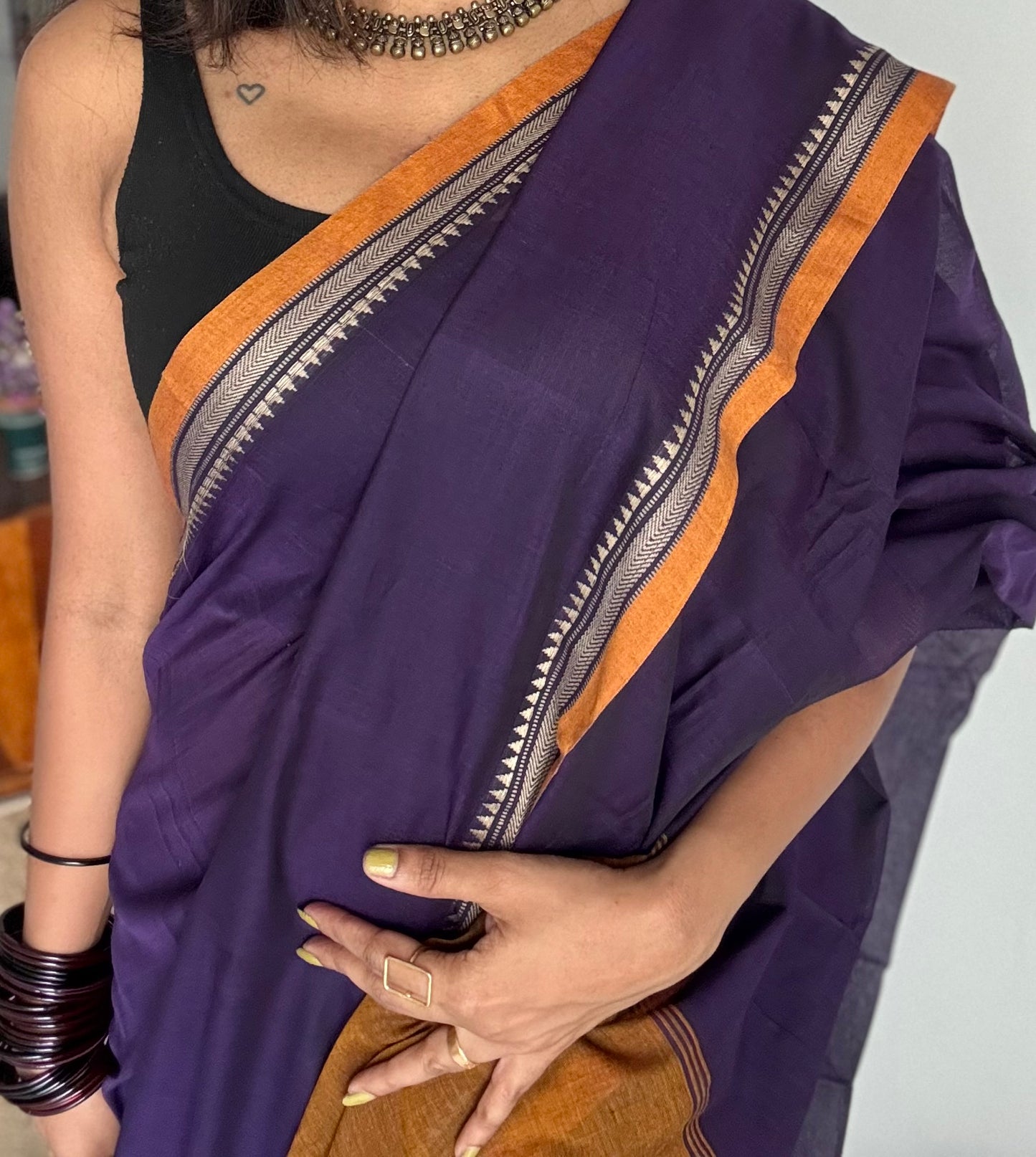 Violet with orange border narayanpet saree, soft cotton - YCWOTDNPFE32