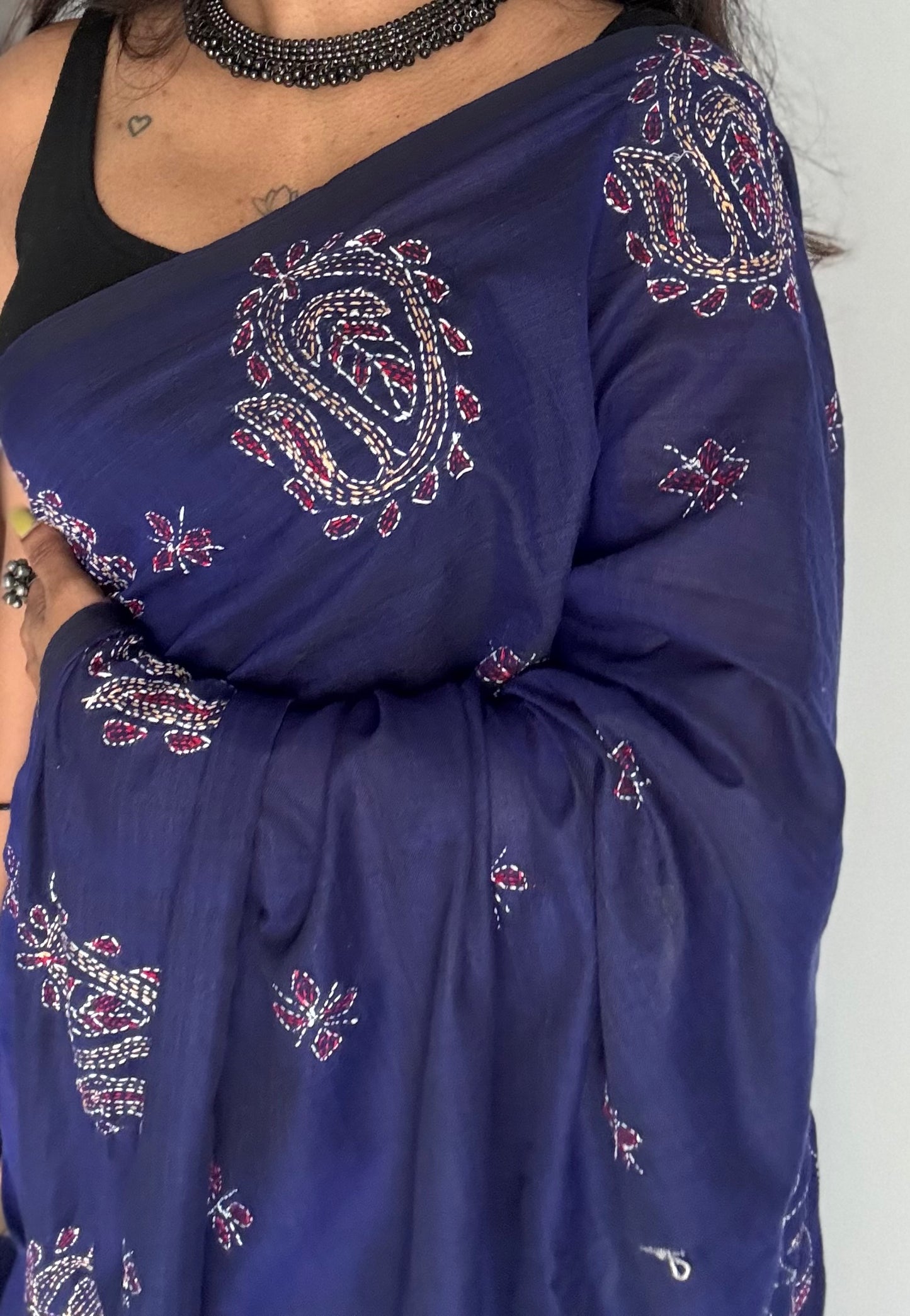 Embroidered blue kantha weave in soft cotton - YCBCKKJA143