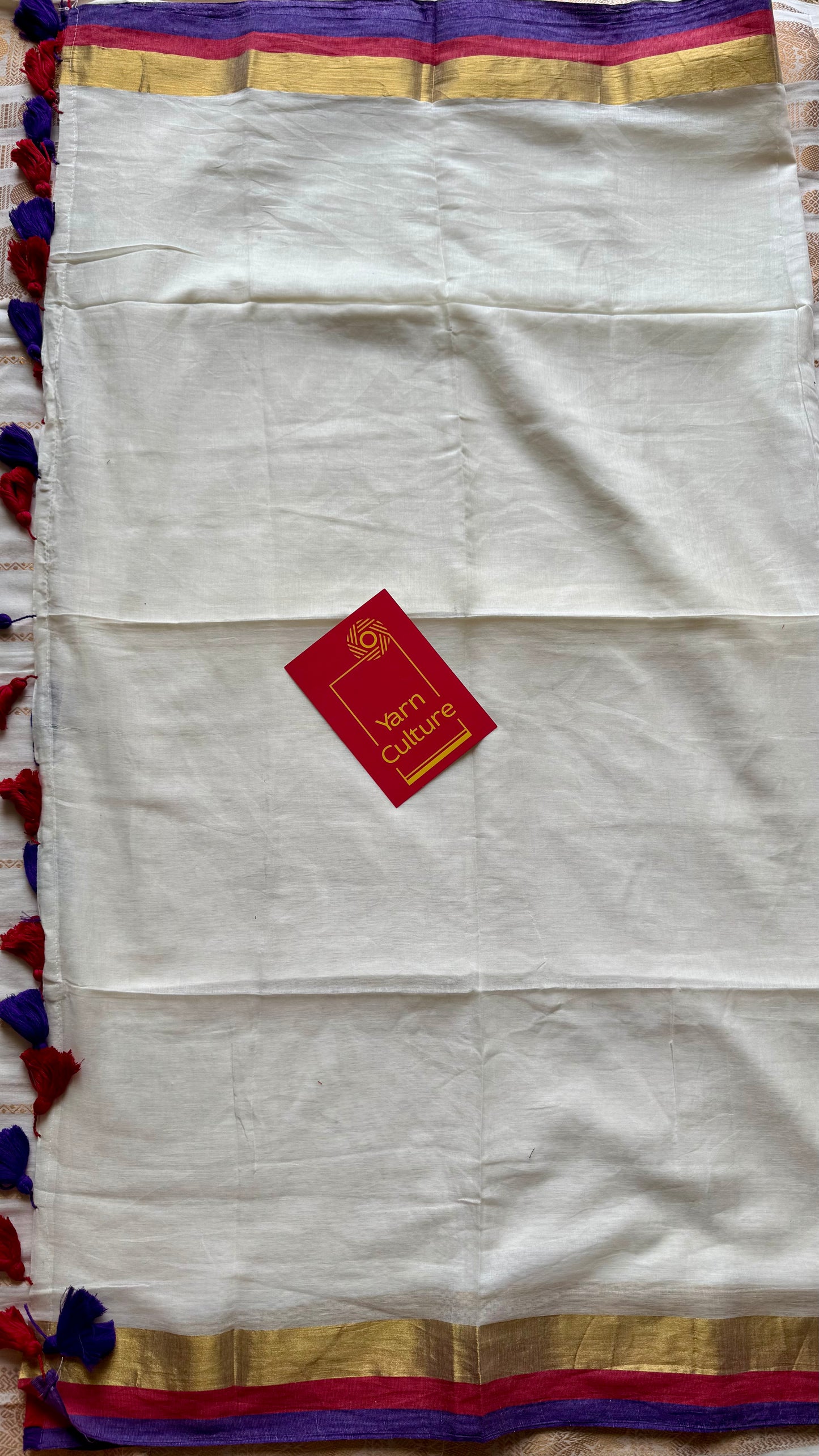 Ivory mul saree, purple, red and gold border - YCIEON08