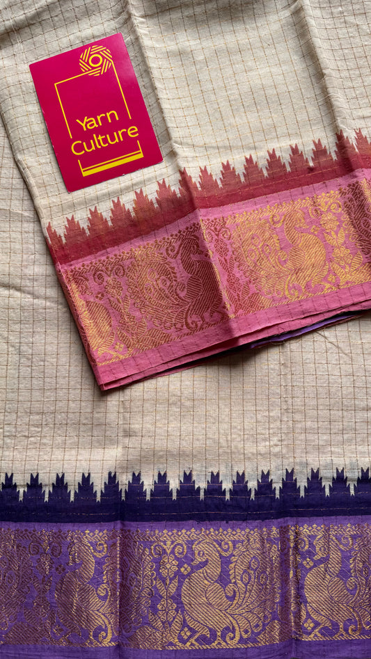 Pink - violet sungudi cotton checks, sandal colour base, soft cotton - YCCOTNJSUN03