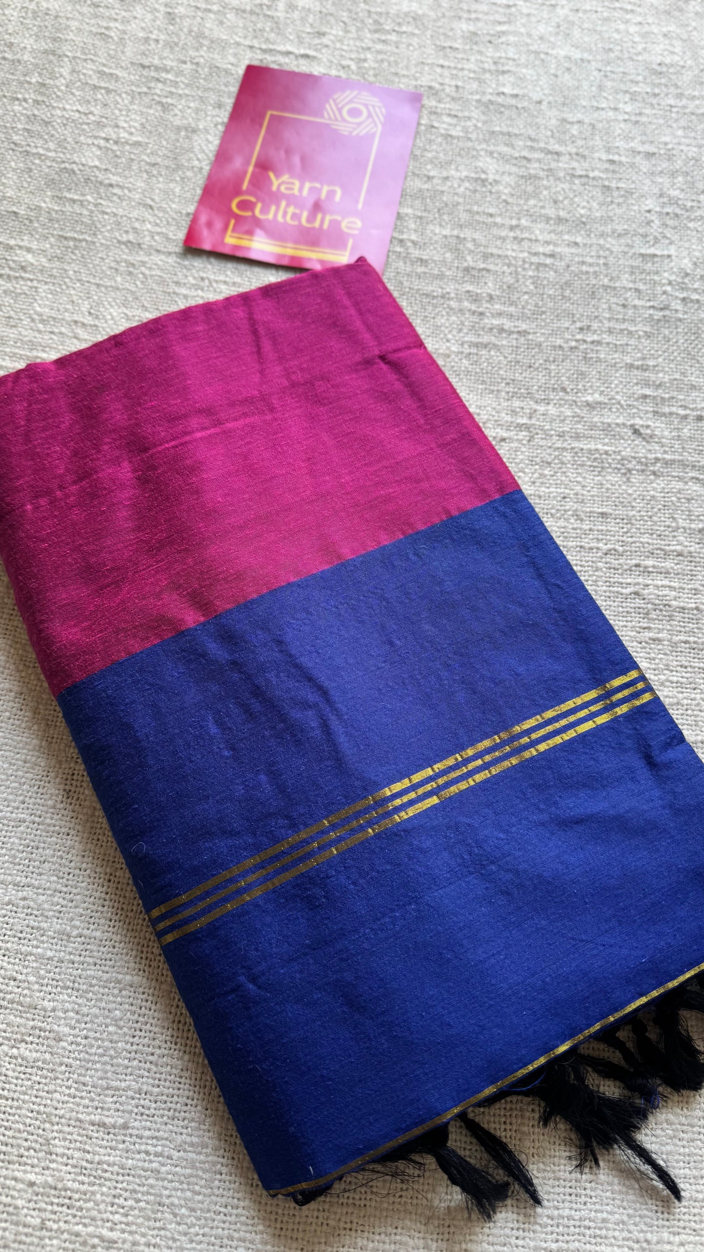 Magenta with blue contrast, temple border saree, cotton silk - YCCOTNTBFE62