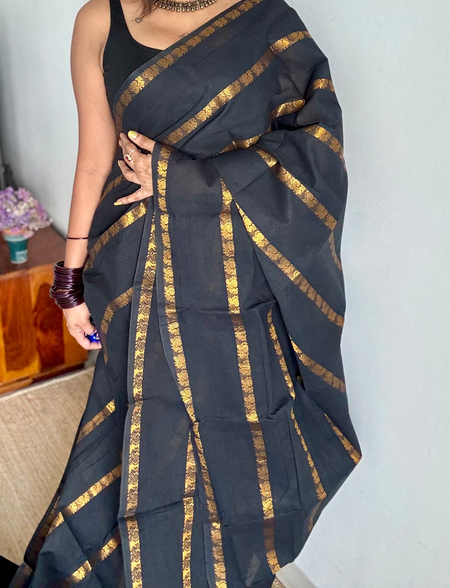 Black with multi peacock motif lines, kattuchayam dyed sungudi cotton - YCCOTNMSFE260