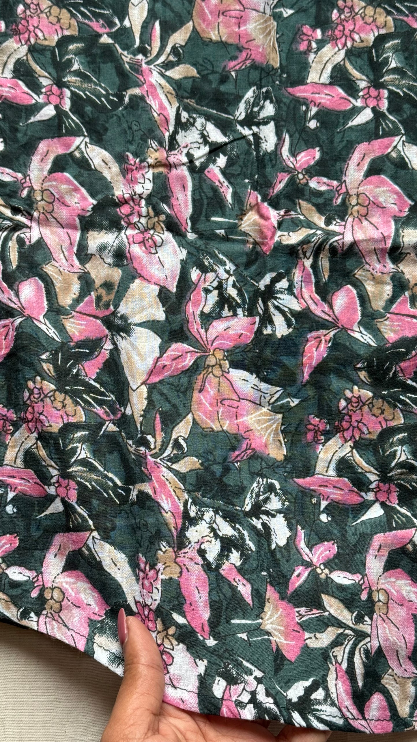 Green & Pink Floral Block Printed Cotton Men's Mandarin Collar Kurta Shirt - YCMSEIE194