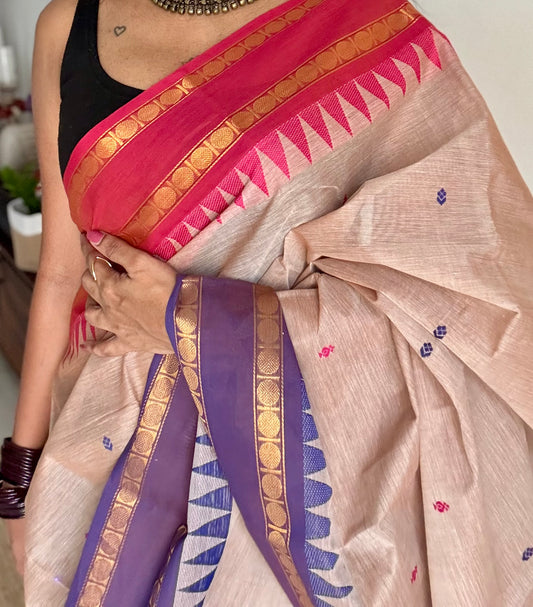 Kanchi cotton saree, warm beige with red and dark blue dual border - YCCOTNAP95