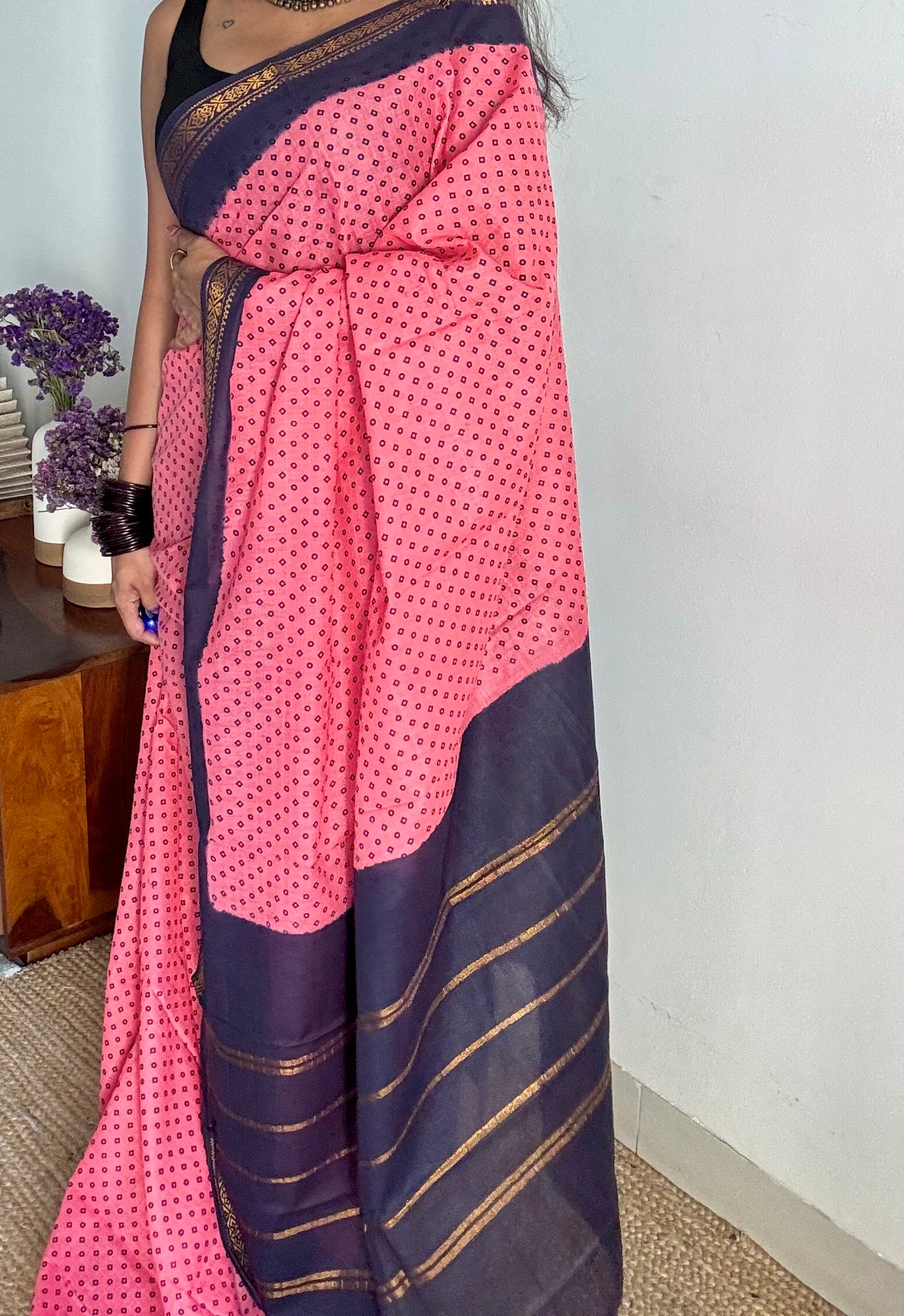 Peach pink with navy blue contrast, kattuchayam dyed madurai cotton saree - YCCOTNMA250