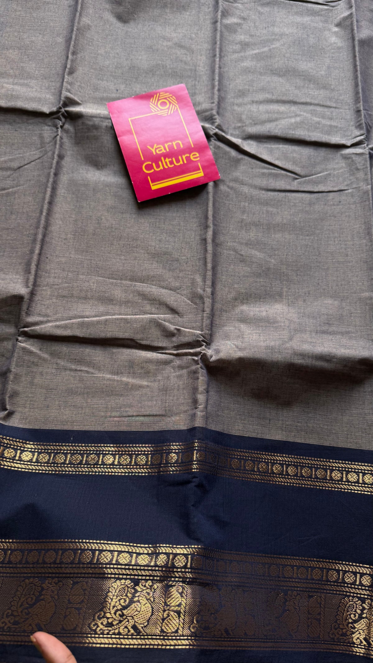 Grey with dark blue gap zari border, kanchi cotton saree - YCCOTNCCOC116