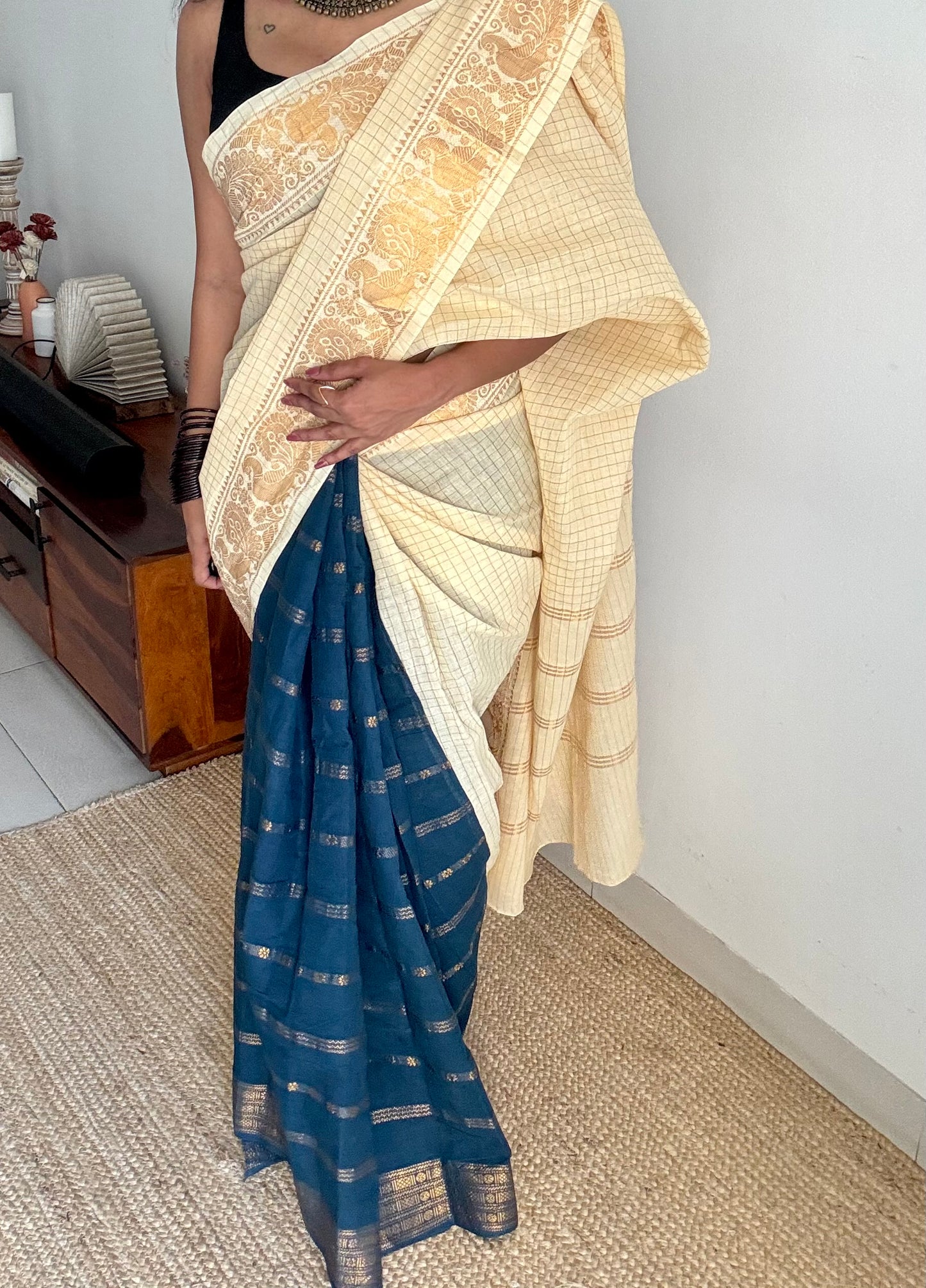 Ivory and teal, sungudi cotton half-half saree - YCCOTNIDMA311