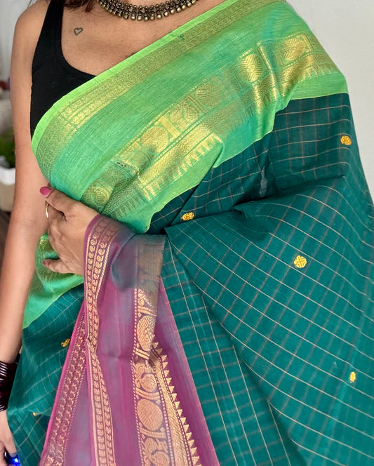 Kanchi cotton saree, green checks with wine and bright green dual toned border - YCCOTNAP76