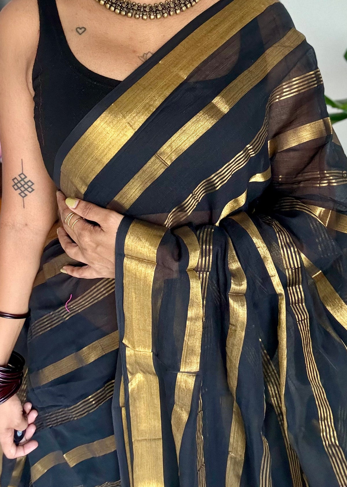 Black mul cotton saree with zari stripes - YCBCMCSE26