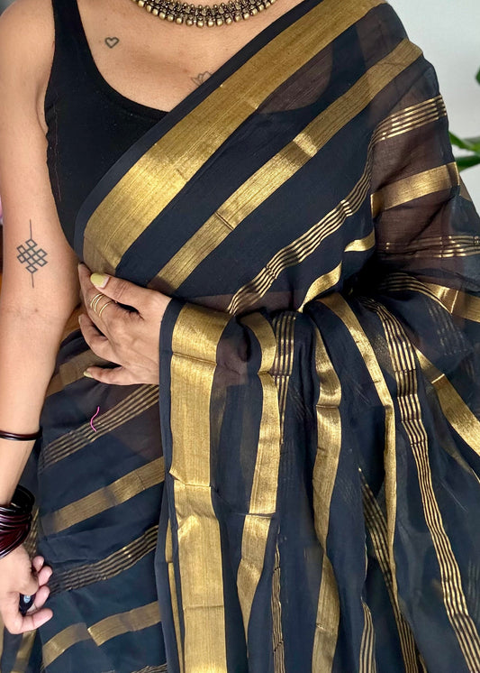 Black mul cotton saree with zari stripes - YCBCMCSE26