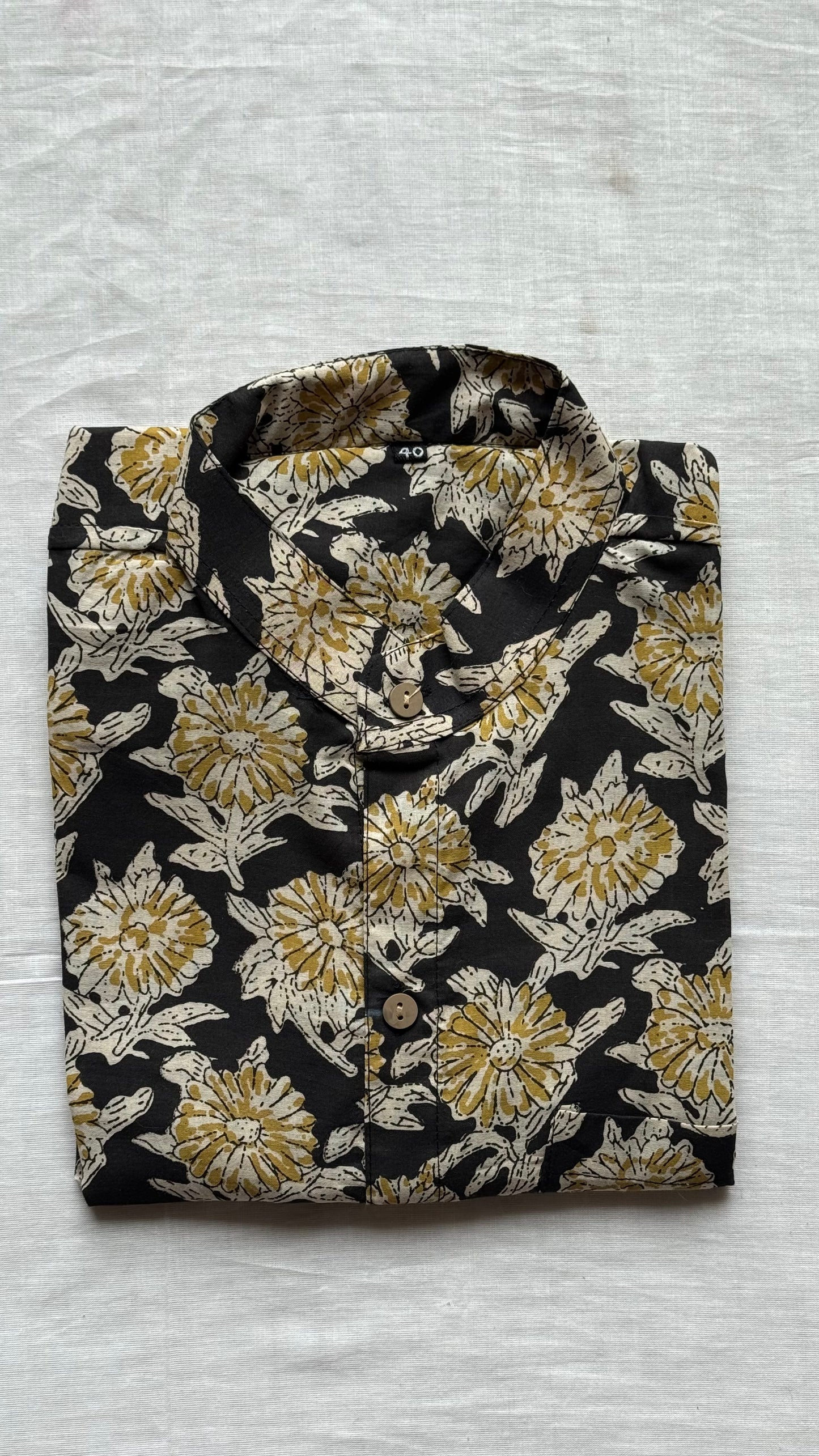 Black & Yellow Floral Block Printed Cotton Men's Mandarin Collar Kurta Shirt - YCMSEIE197