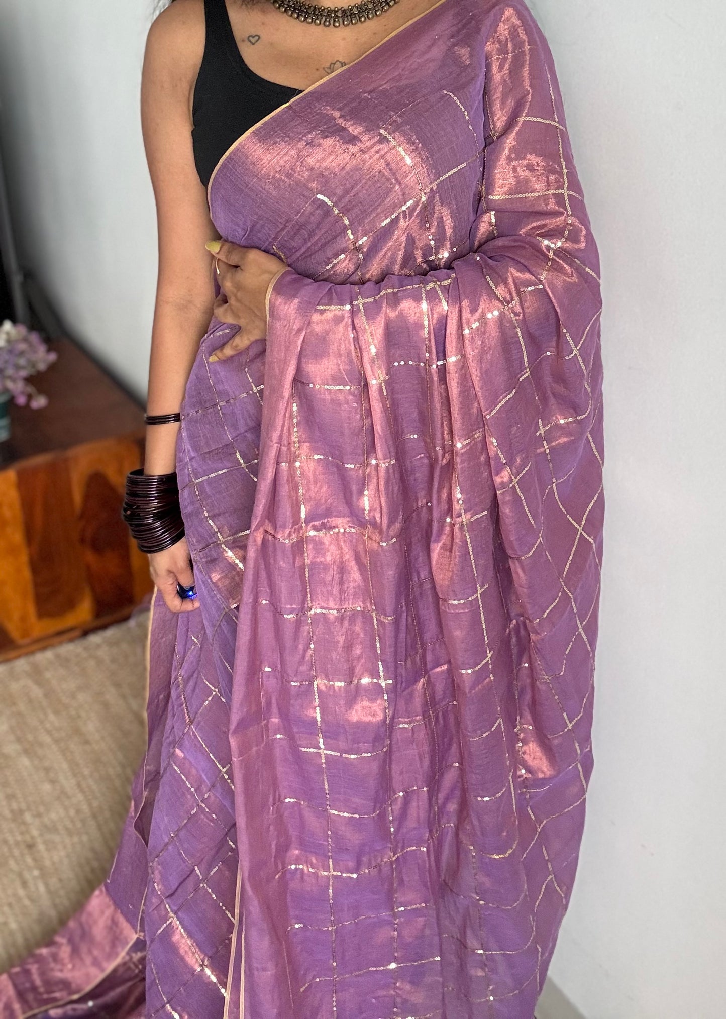 Lilac, checkered sequins work, mul tissue - YCBCMCJA11