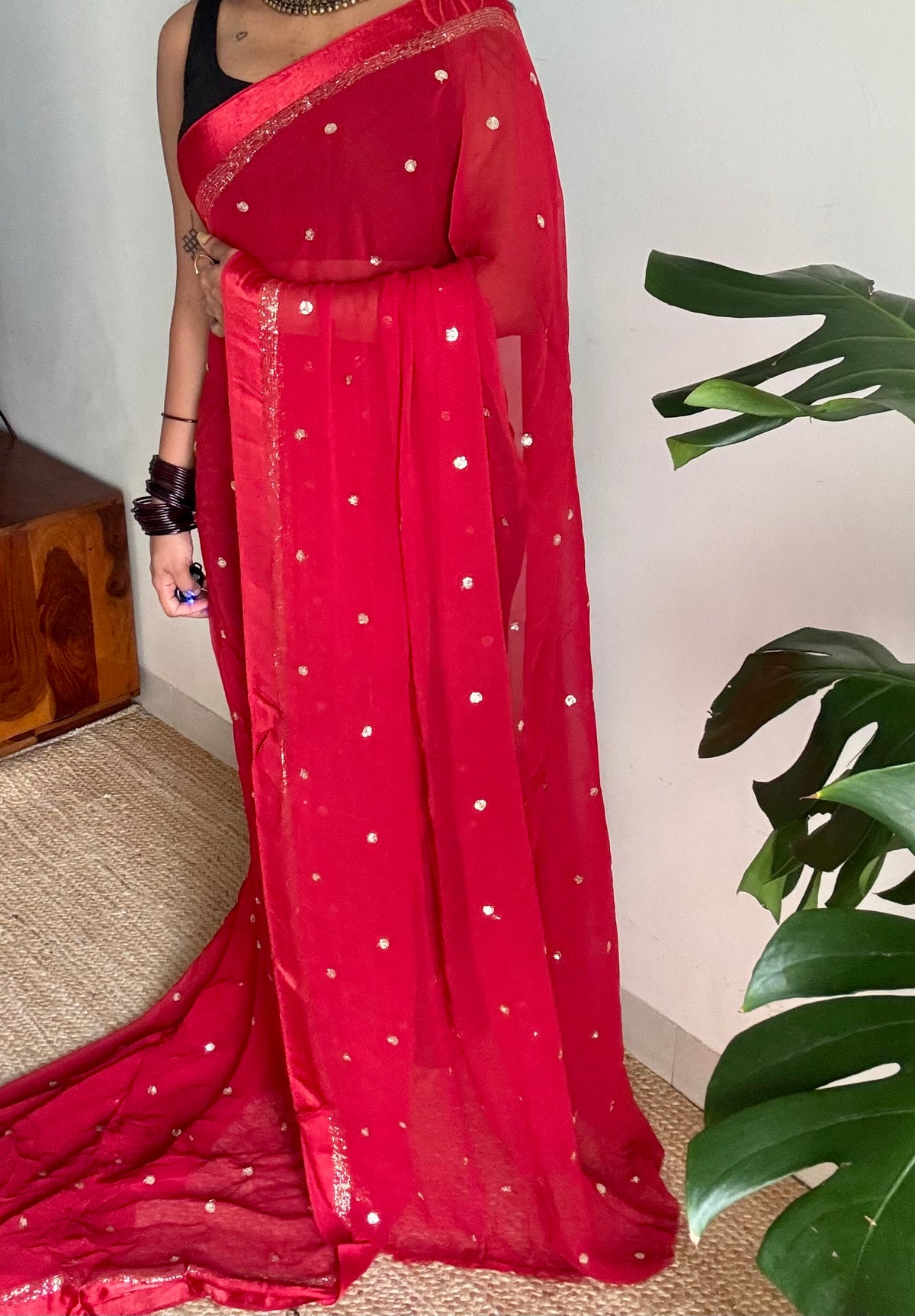 Red viscose georgette saree, gold buttas, satin border - YCDOSOC45