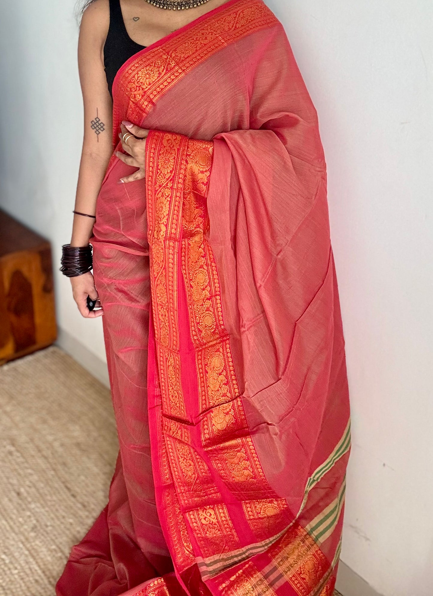 Light red with red wide border, narayanpet soft cotton saree -YCWOTDAUG04
