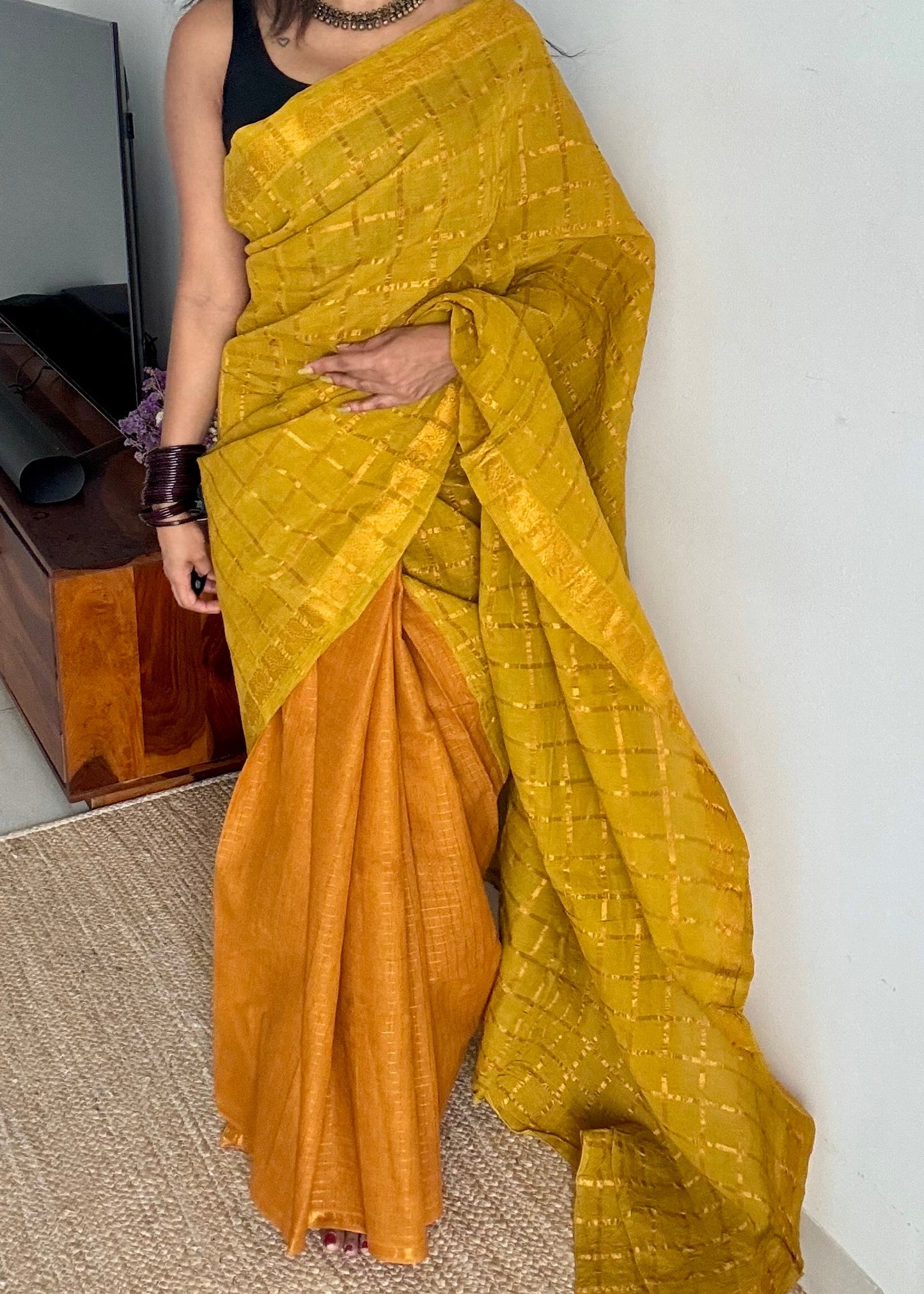 Light green with turmeric yellow, sungudi cotton half-half saree - YCCOTNMSFE369