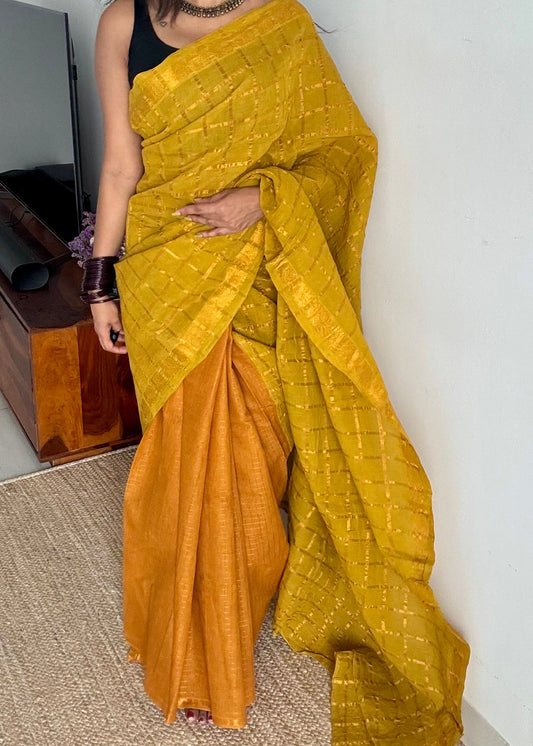 Light green with turmeric yellow, sungudi cotton half-half saree - YCCOTNMSFE369