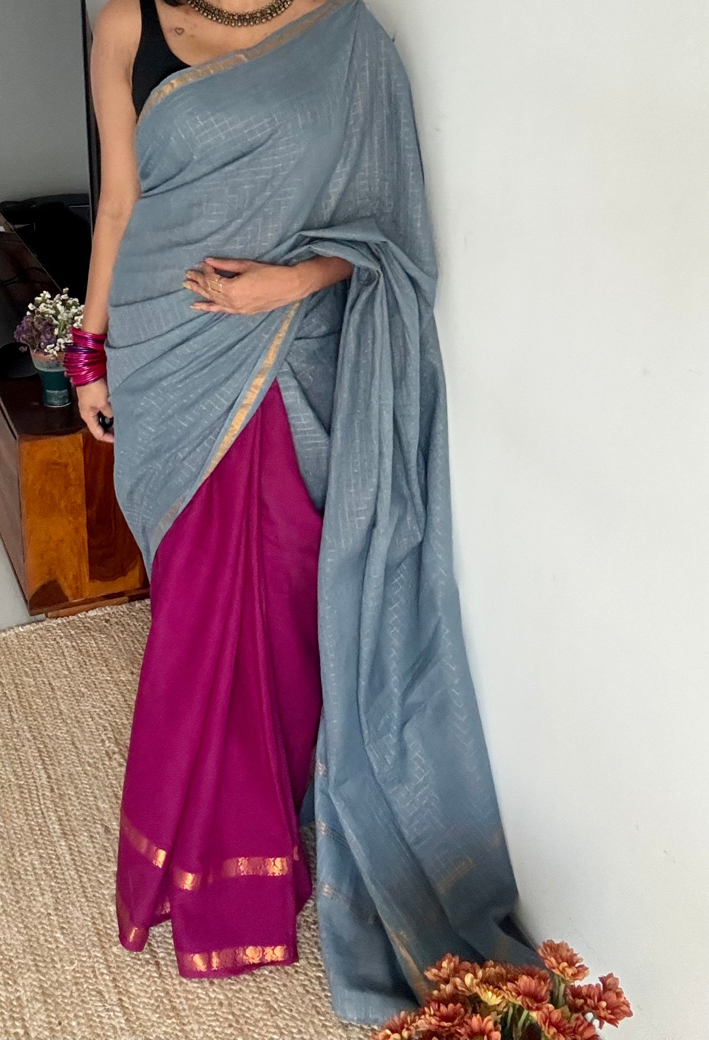 Mallinila (மல்லிநிலா): grey with vaadamalli purple pink, sungudi cotton - YCENOID14