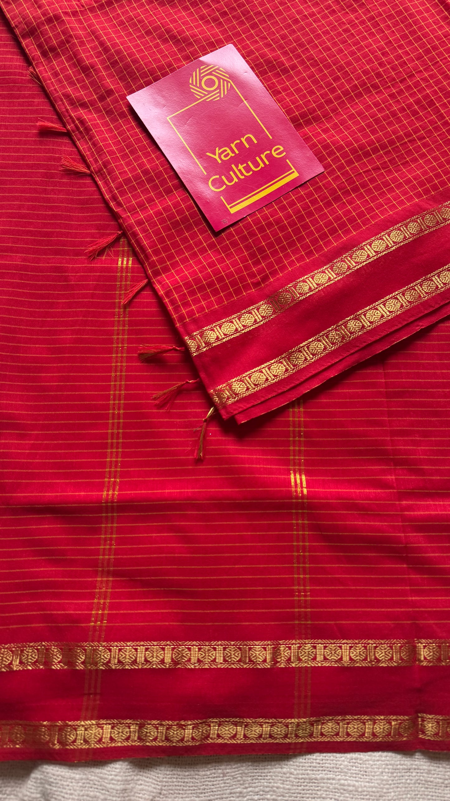 Chilli red arani checks saree, cotton silk - YCCOTNAUG20