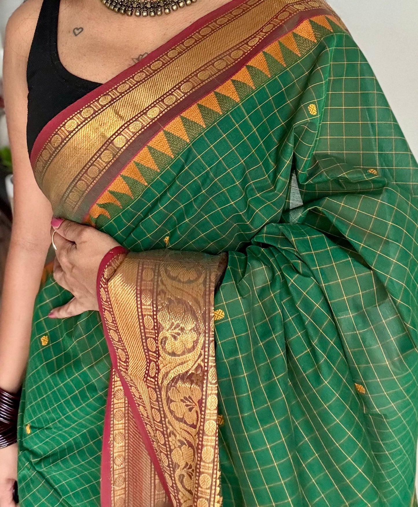 Kanchi cotton saree, green checks with maroon temple motif border - YCCOTNAP78
