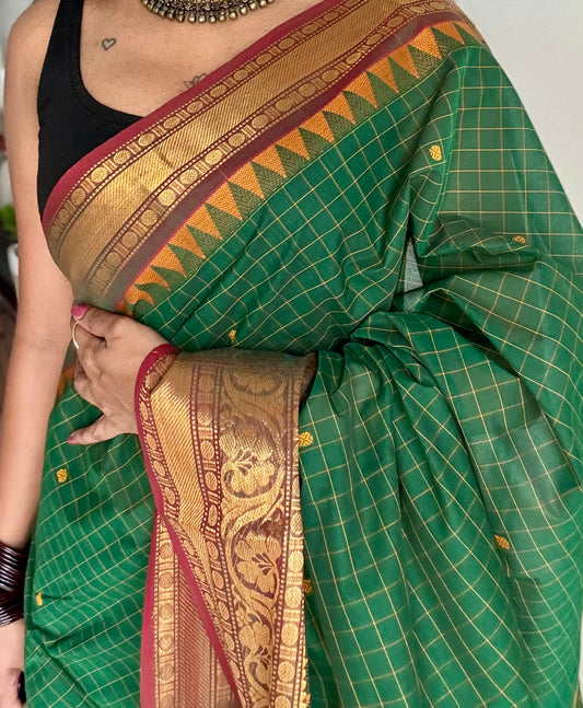 Kanchi cotton saree, green checks with maroon temple motif border - YCCOTNAP78