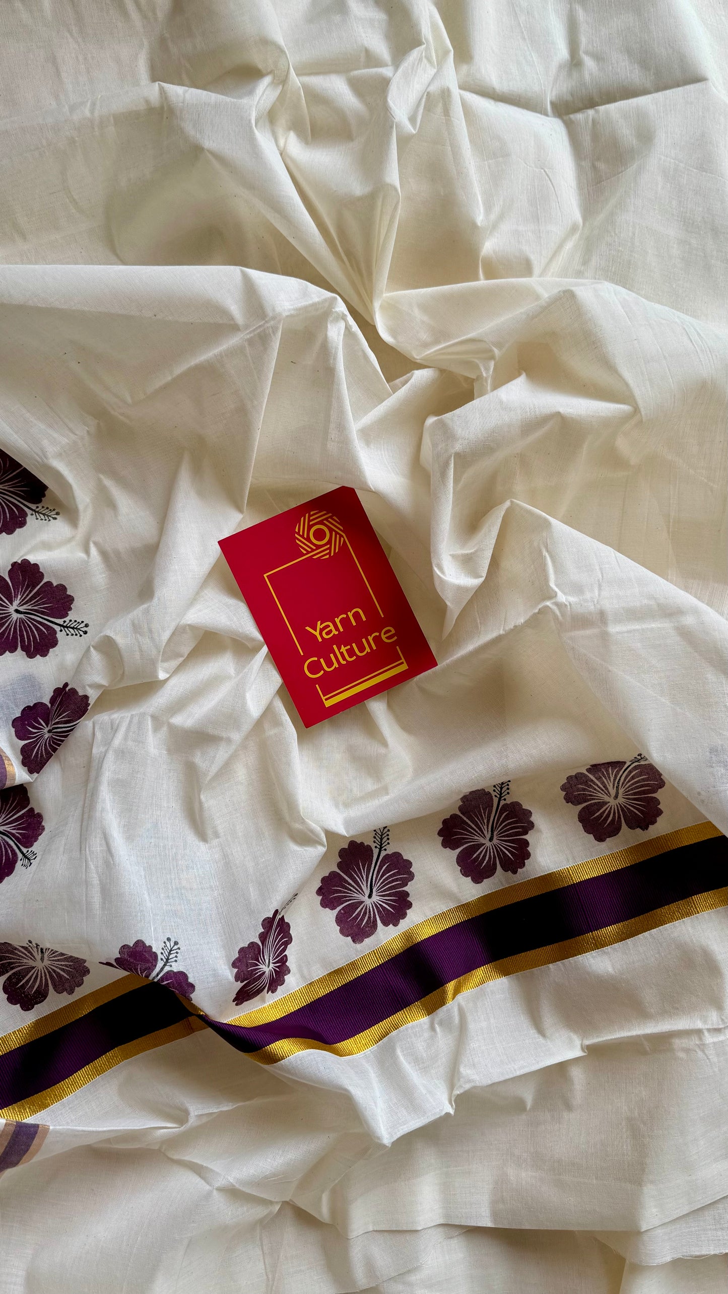 Ivory and gold soft cotton saree, wine hibiscus (chembarathi) flowers - YCIEON63