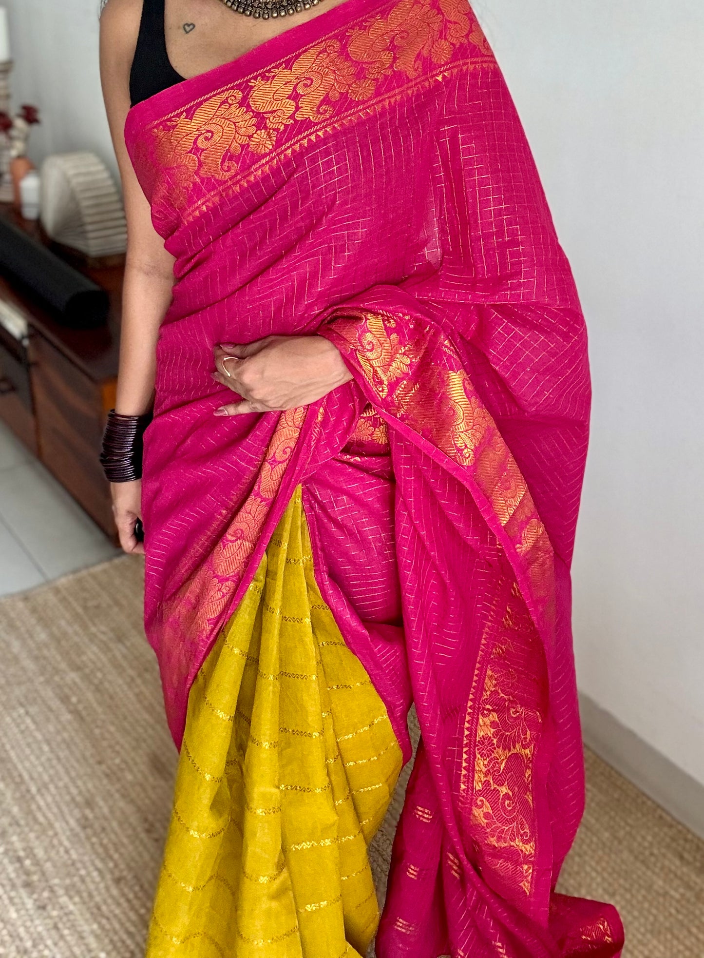 Hot pink with lime green, sungudi cotton half-half saree - YCCOTNIDMA290