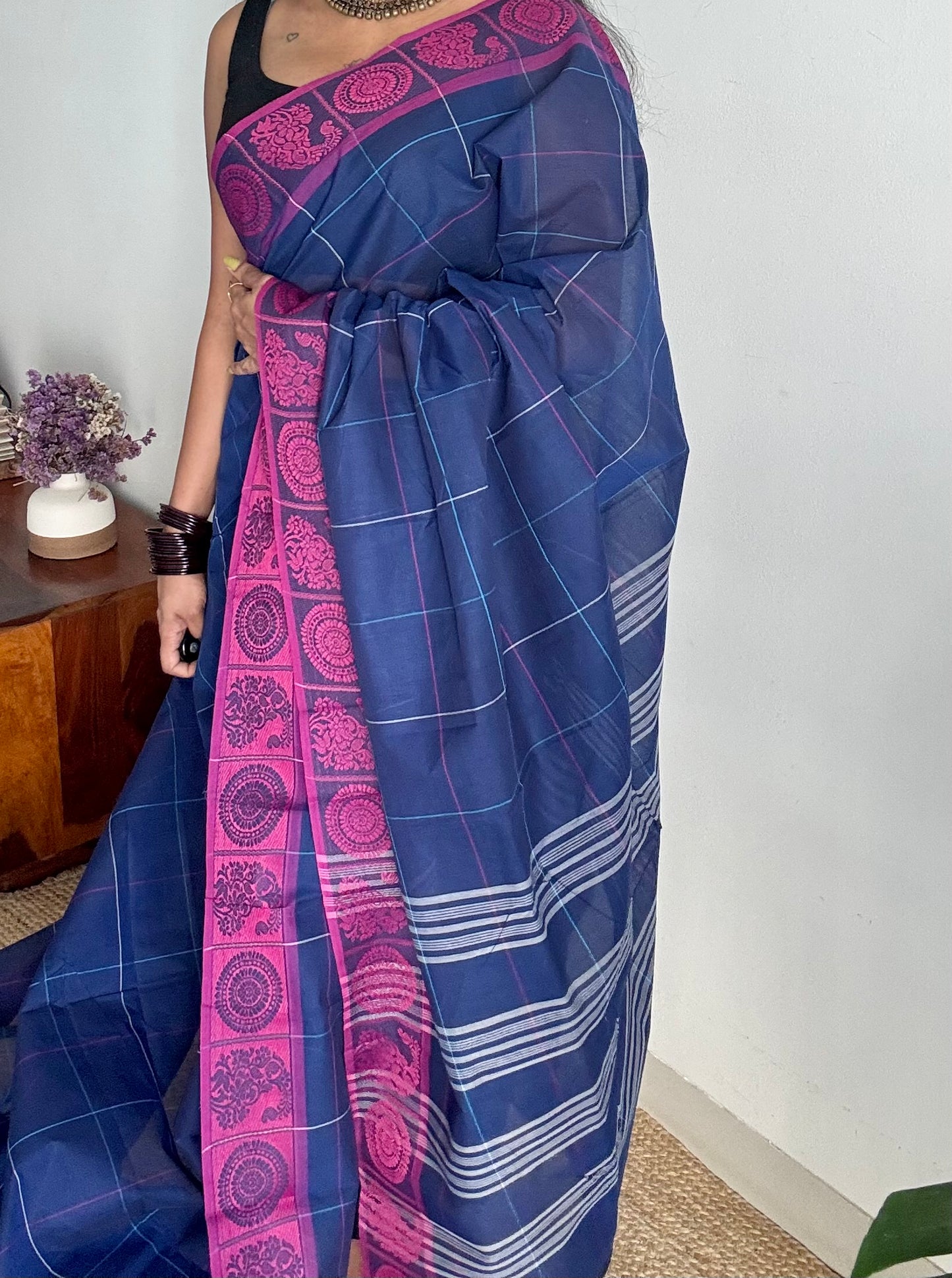Chettinad cotton saree in dark blue with pink checks, thread motif border - YCCOTNJUCC06
