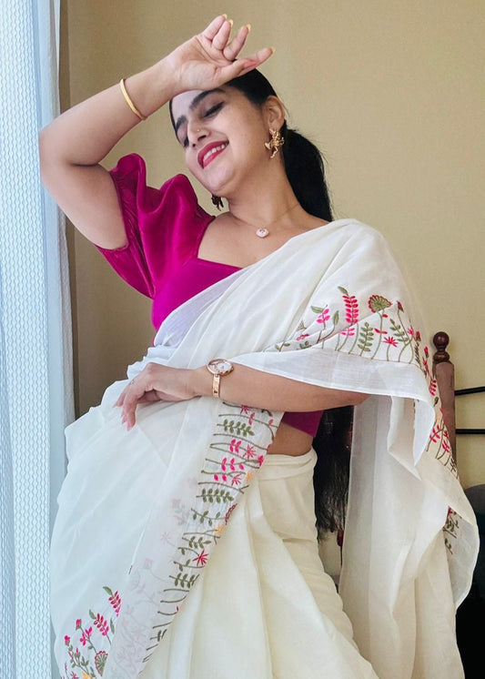 Meera : Ivory with one side floral embroidery, soft cotton - YCONBCSC232