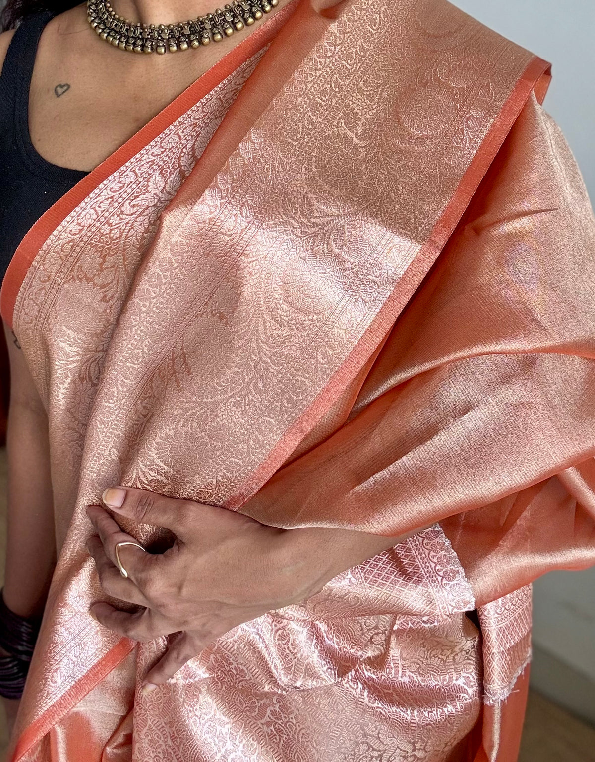 Orange tissue Banarasi saree with zari border - YCBLTOC87
