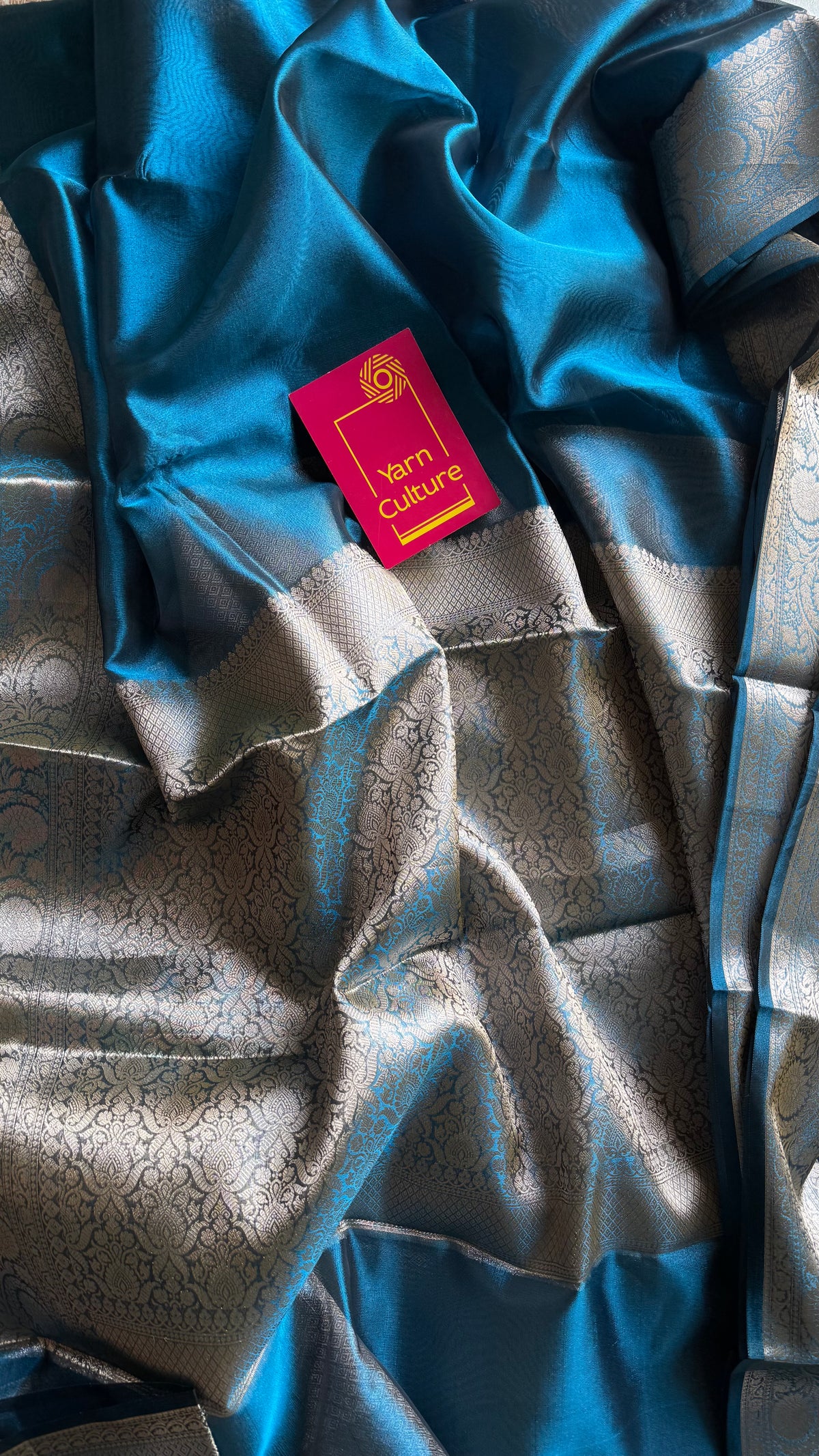 Peacock blue tissue Banarasi saree with zari border - YCBLTOC86